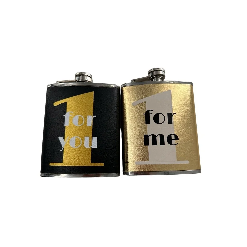 Flask Set of 2 Wild eye designs 1 For Me For You Gold Bar Gift Party Stainless c